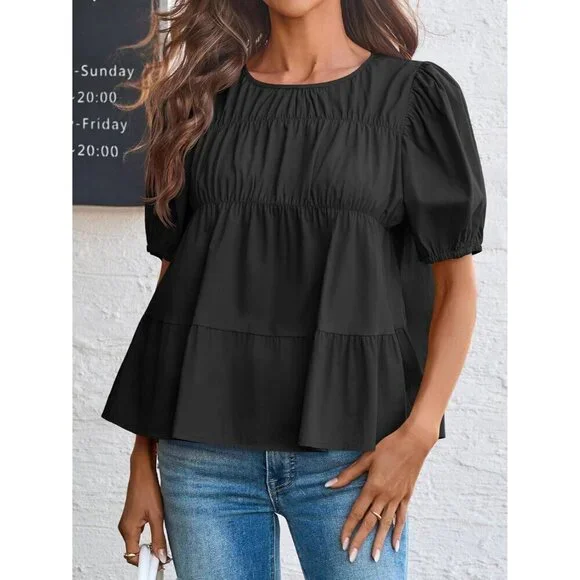Women’s Cotton Puff Sleeve Babydoll Top Summer Casual Flowy Blouse Small - Picture 5 of 7